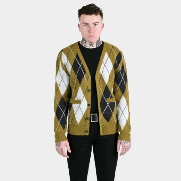 Men's STRAIGHT TO HELL Argyle Miles Cardigan Sweater Mohair Wool Green X-Large